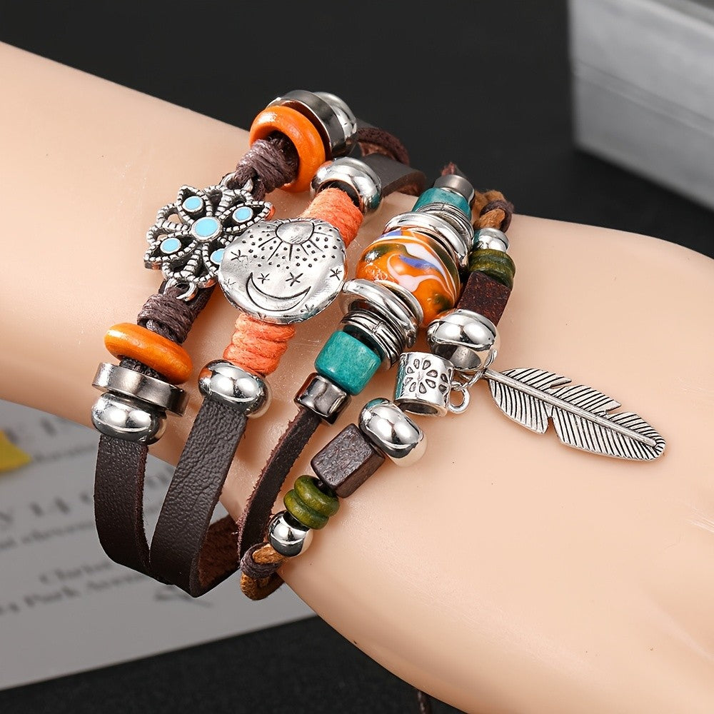 Boho Vintage Moon & Feather Wrap Bracelet
