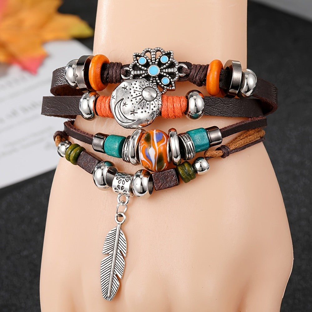 Boho Vintage Moon & Feather Wrap Bracelet
