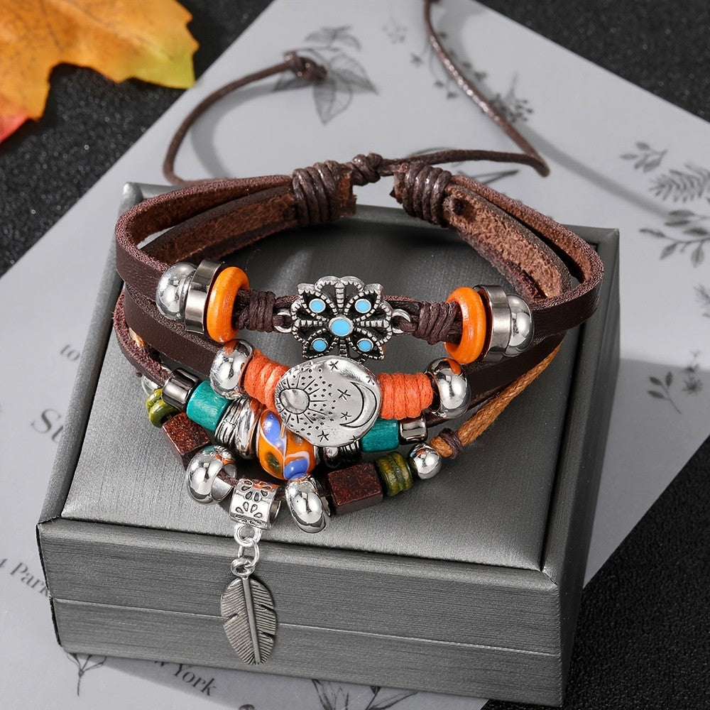 Boho Vintage Moon & Feather Wrap Bracelet