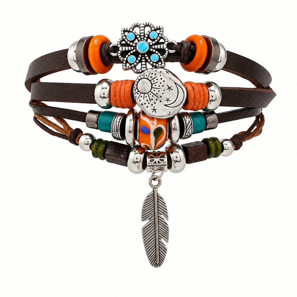 Boho Vintage Moon & Feather Wrap Bracelet