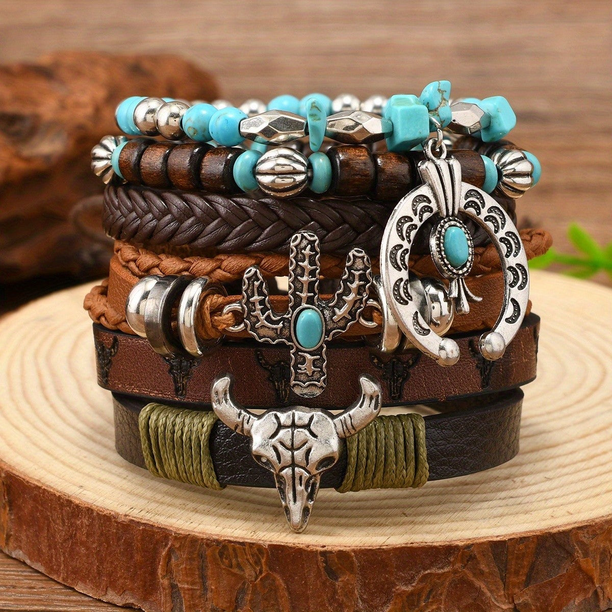Boho Vintage Turquoise Bull Skull & Cactus Bracelet Set