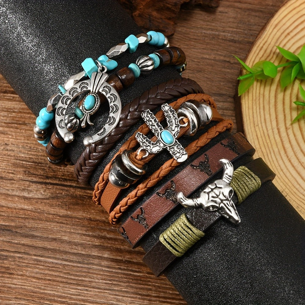 Boho Vintage Turquoise Bull Skull & Cactus Bracelet Set