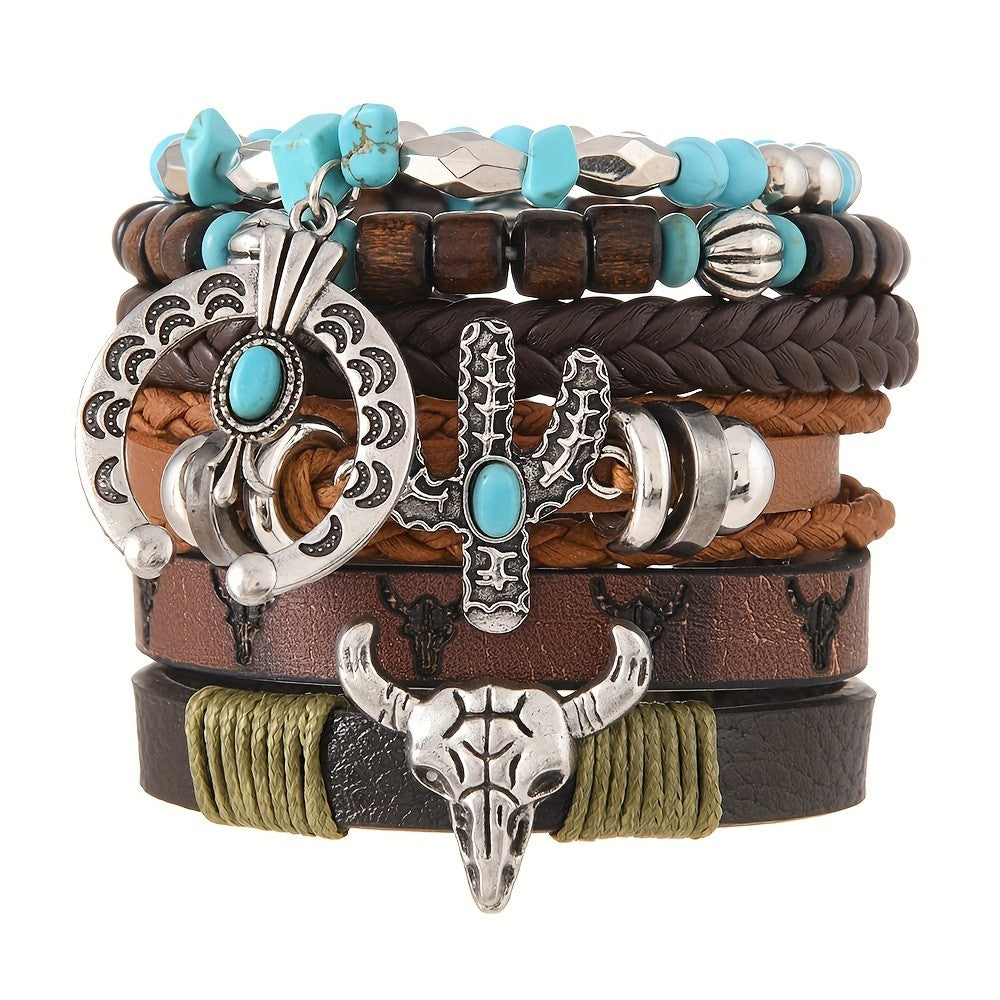 Boho Vintage Turquoise Bull Skull & Cactus Bracelet Set
