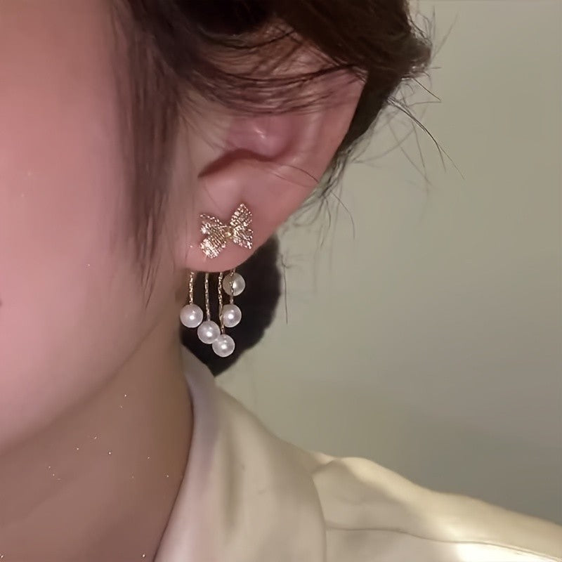 Elegant Zircon Bow Pearl Earrings