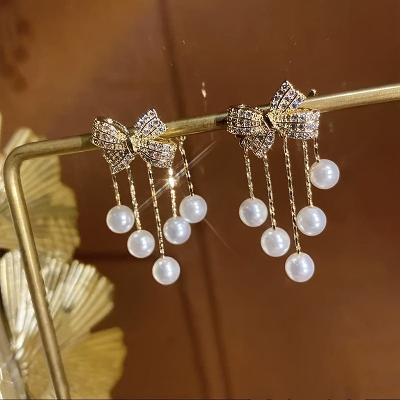 Elegant Zircon Bow Pearl Earrings