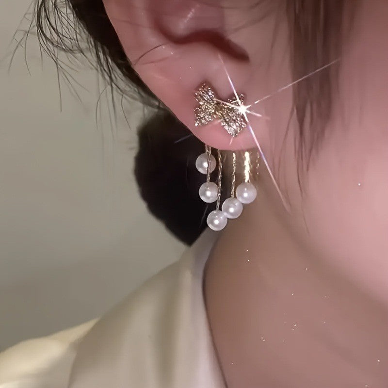 Elegant Zircon Bow Pearl Earrings