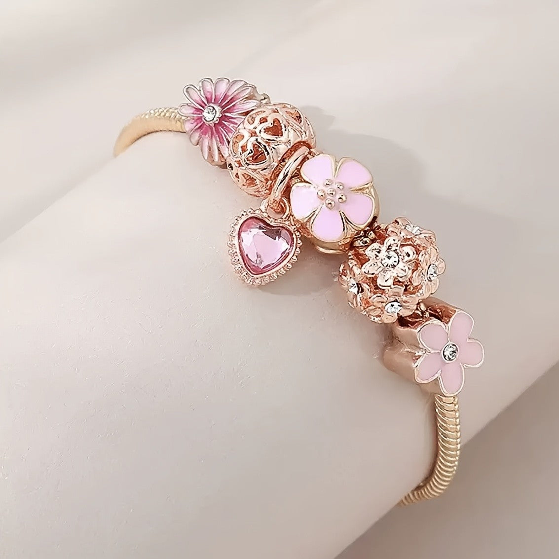Romantic Pink Flower & Heart Charm Bracelet