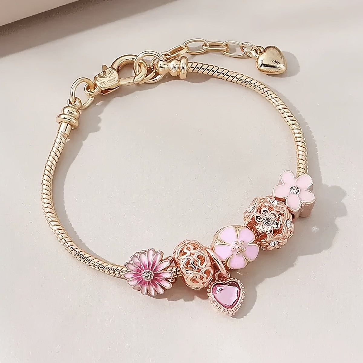 Romantic Pink Flower & Heart Charm Bracelet