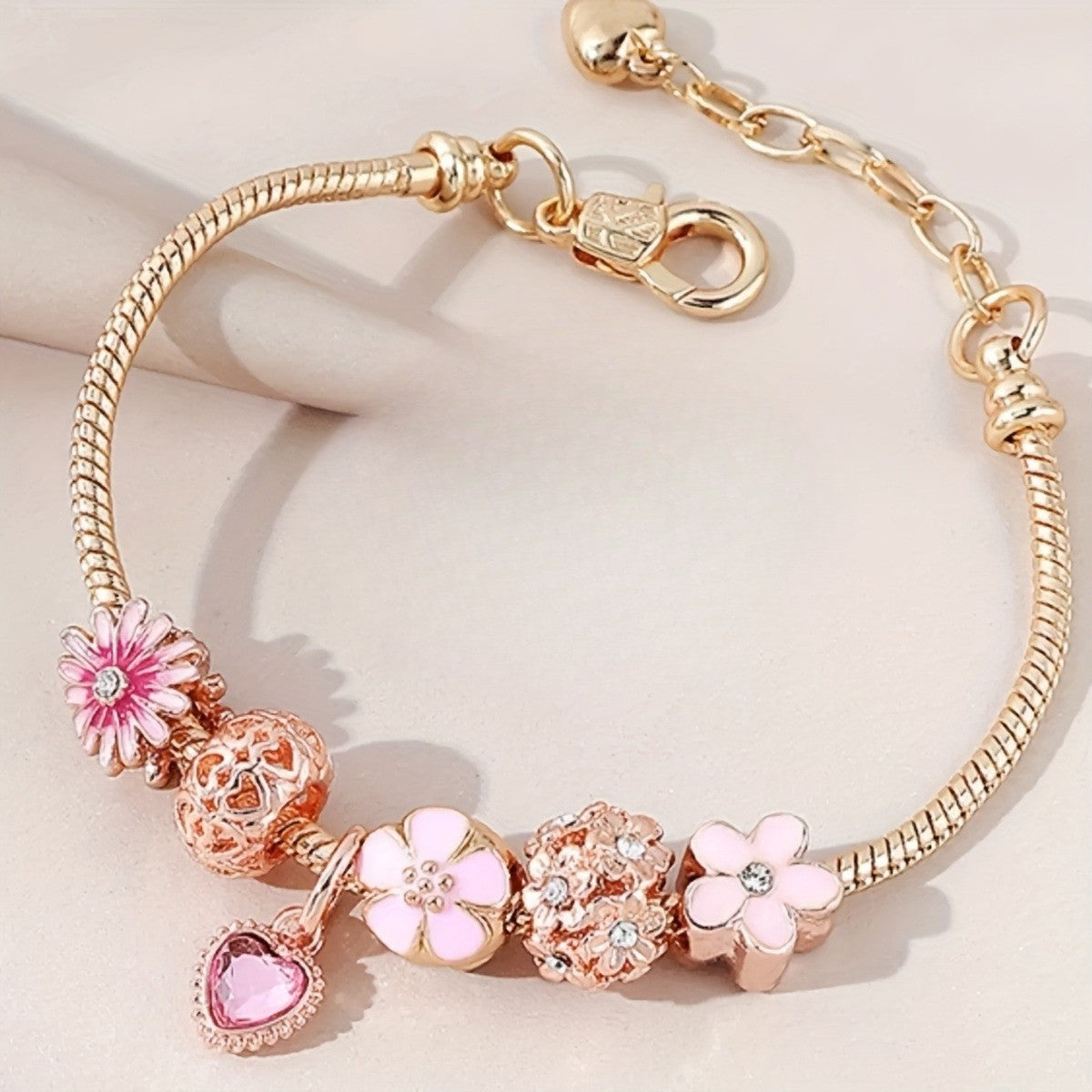 Romantic Pink Flower & Heart Charm Bracelet