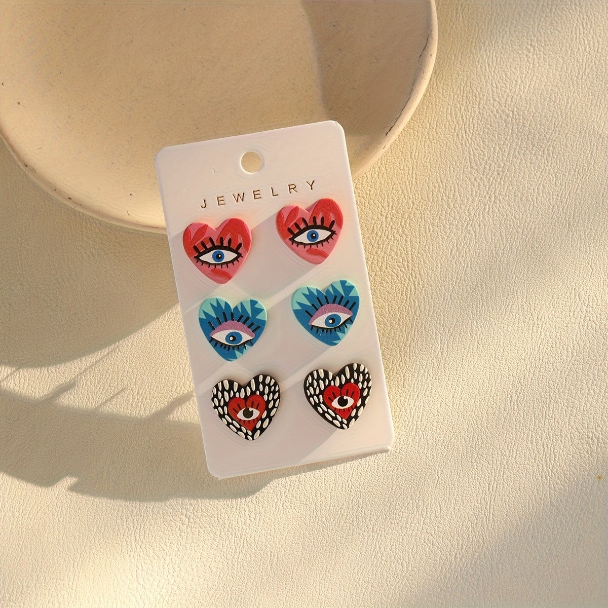 3pc Boho Acrylic Evil Eye Heart Earring Set