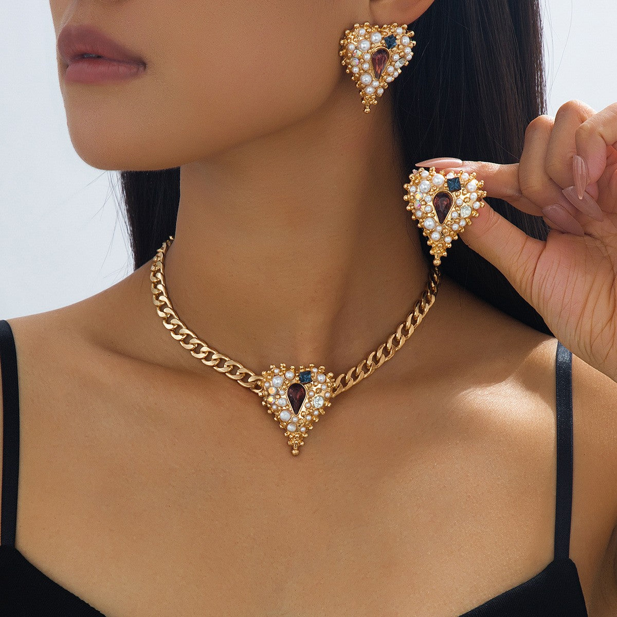 Vintage Pearl Heart Necklace and Earring Set