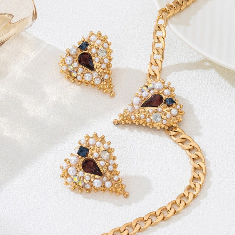 Vintage Pearl Heart Necklace and Earring Set