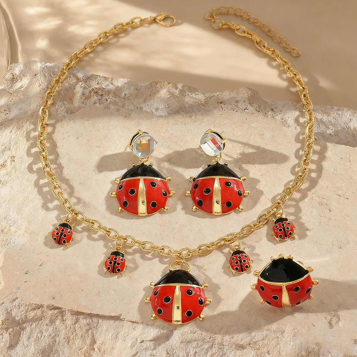 Vintage Ladybug Necklace, Earring & Ring Set
