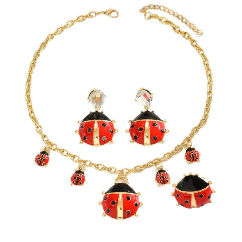 Vintage Ladybug Necklace, Earring & Ring Set