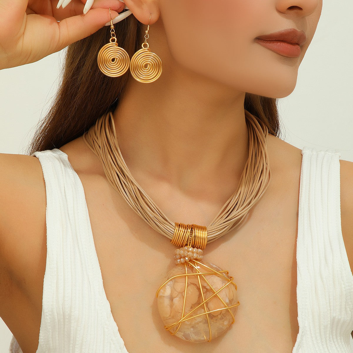 S925 Boho White Marble Resin Necklace & Earring Set