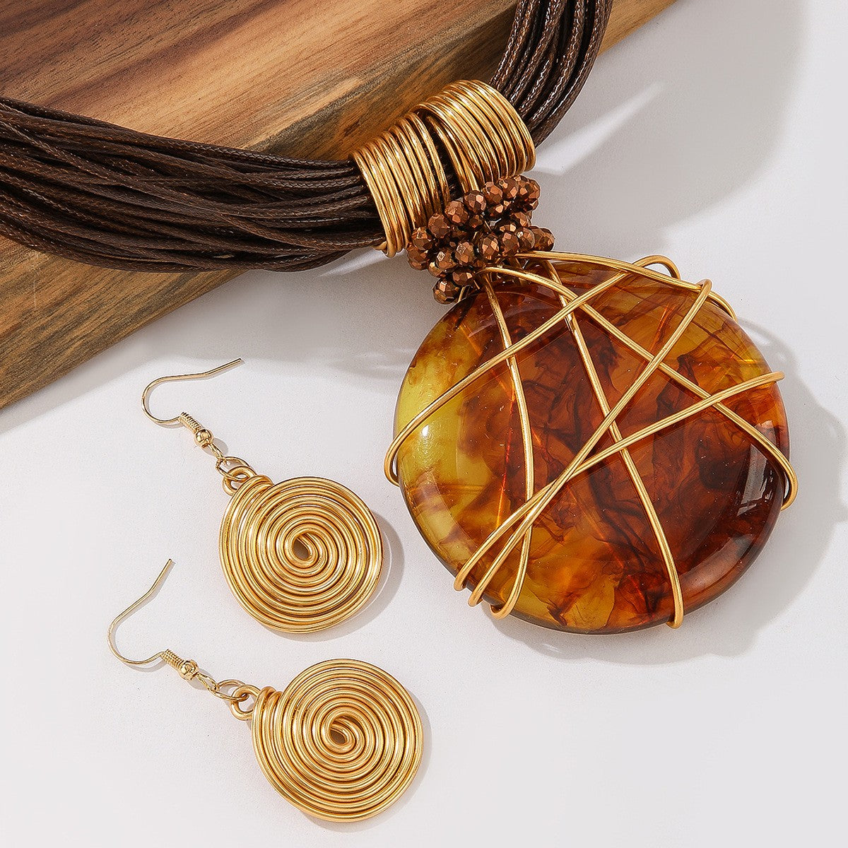 S925 Boho White Marble Resin Necklace & Earring Set