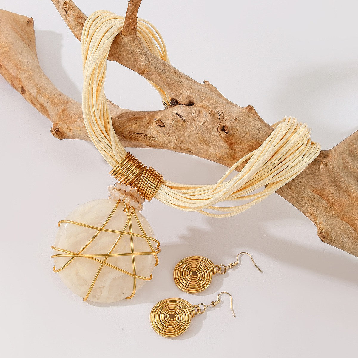 S925 Boho White Marble Resin Necklace & Earring Set