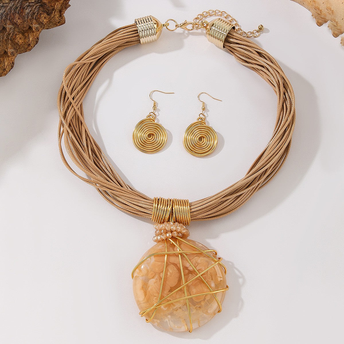 S925 Boho White Marble Resin Necklace & Earring Set