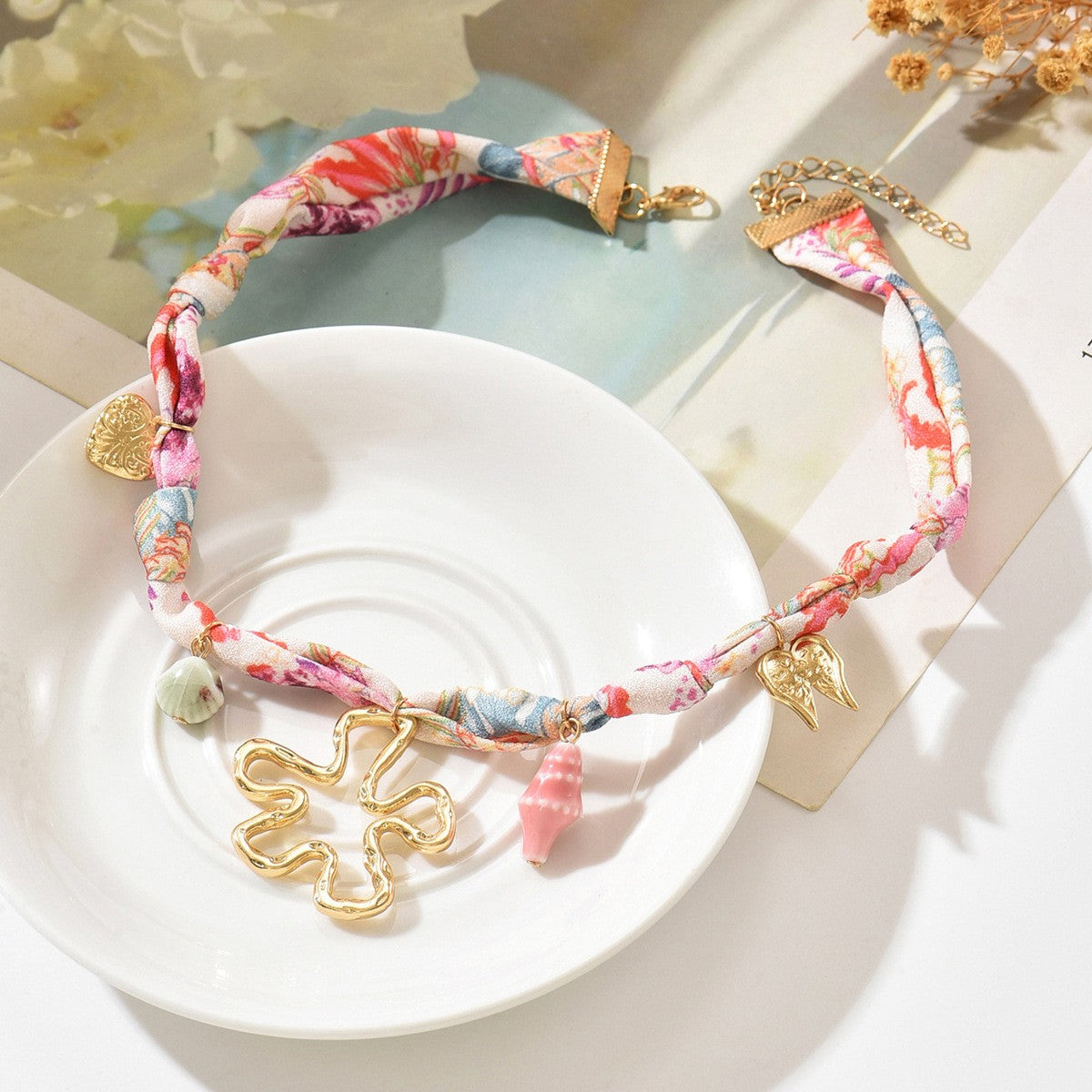 18k Boho Floral Scarf Charm Necklace