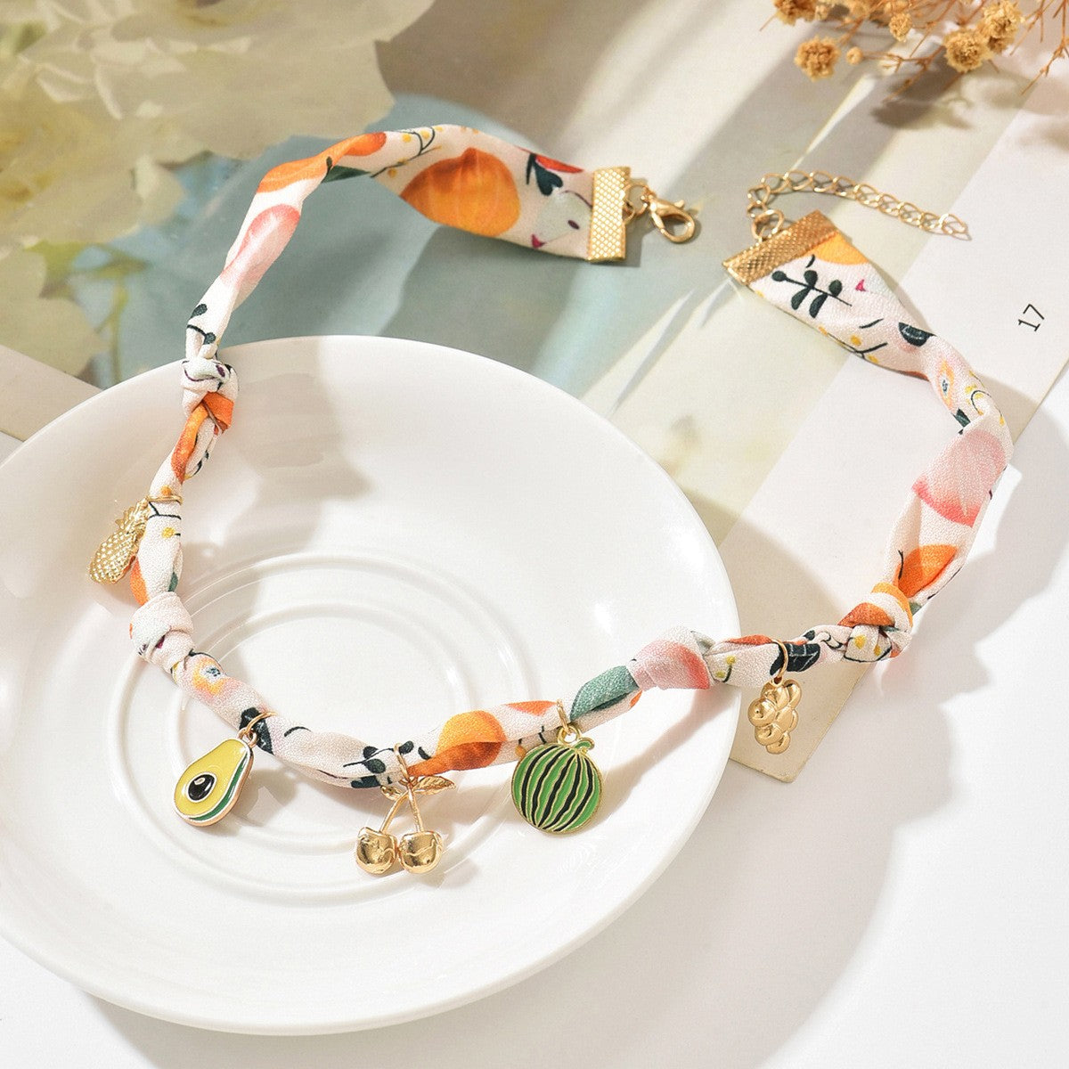 18k Boho Floral Scarf Charm Necklace
