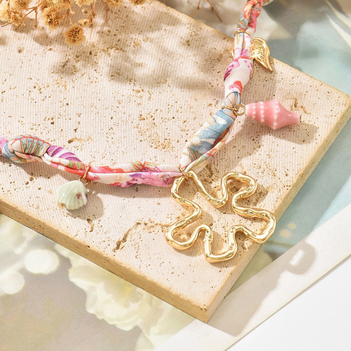 18k Boho Floral Scarf Charm Necklace