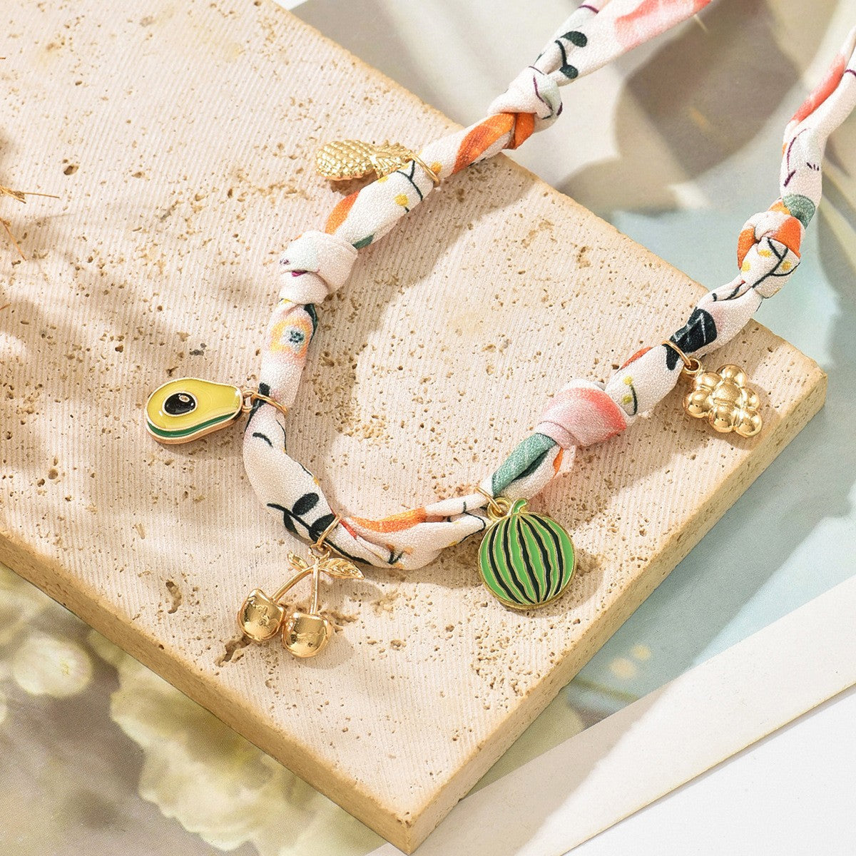 18k Boho Floral Scarf Charm Necklace