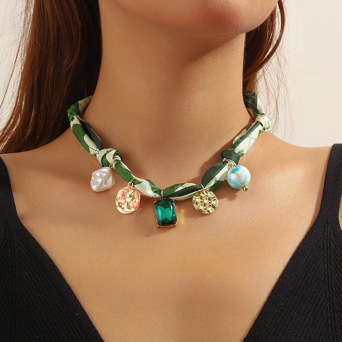 18k Boho Green Scarf Multi-Charm Necklace