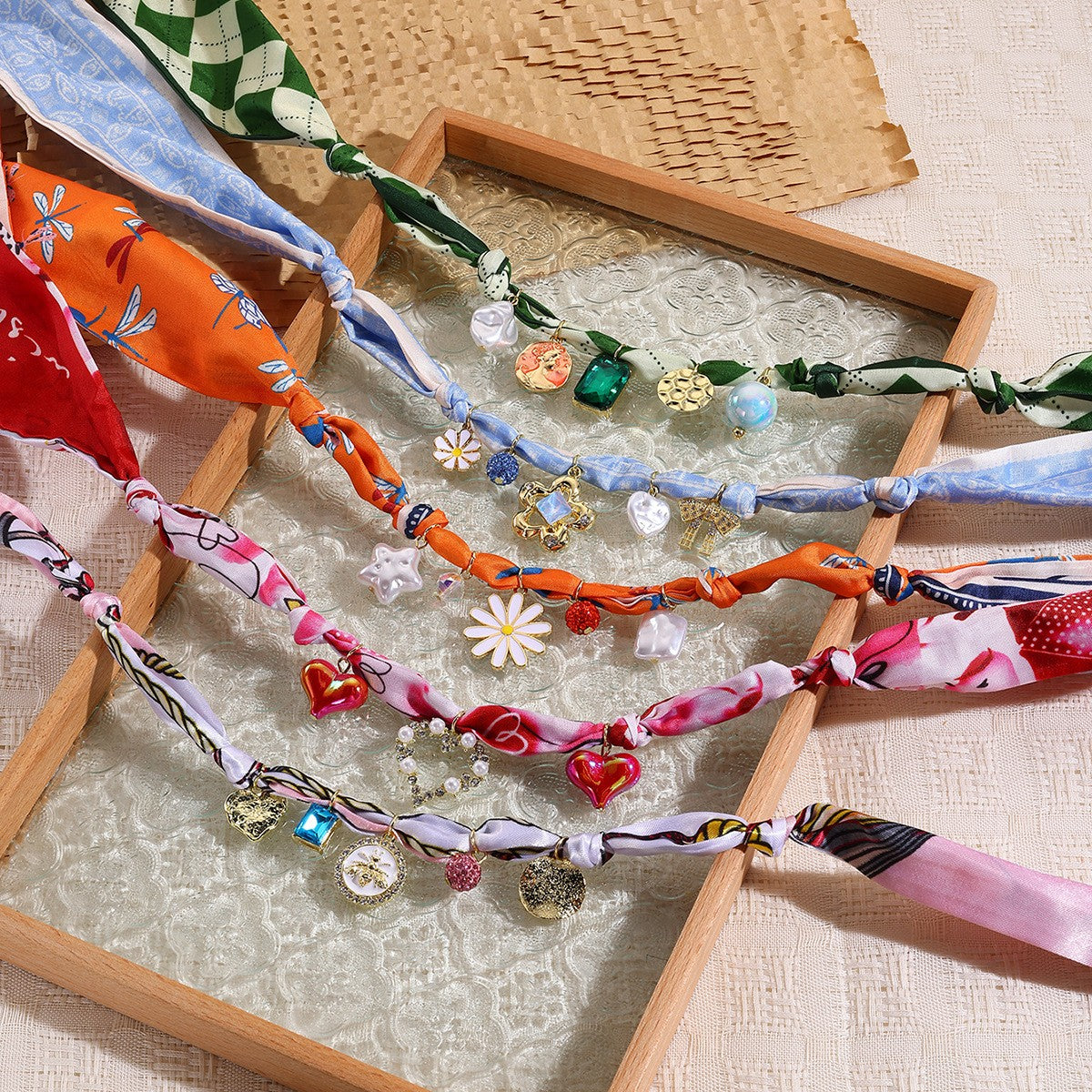 18k Boho Green Scarf Multi-Charm Necklace