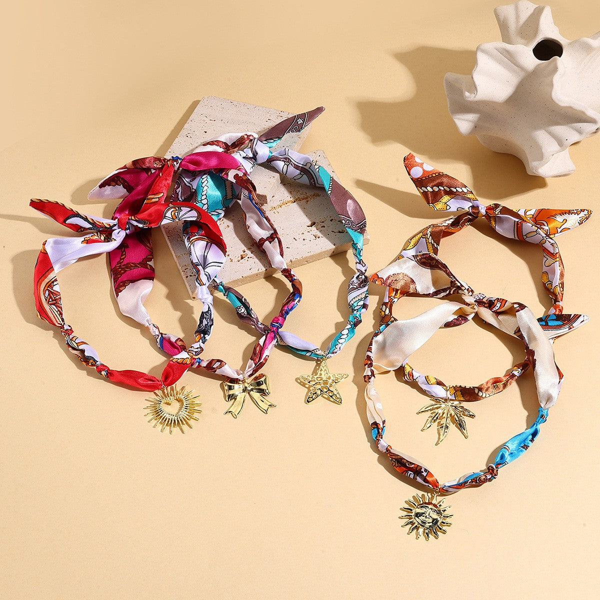 18k Boho Green Scarf Multi-Charm Necklace
