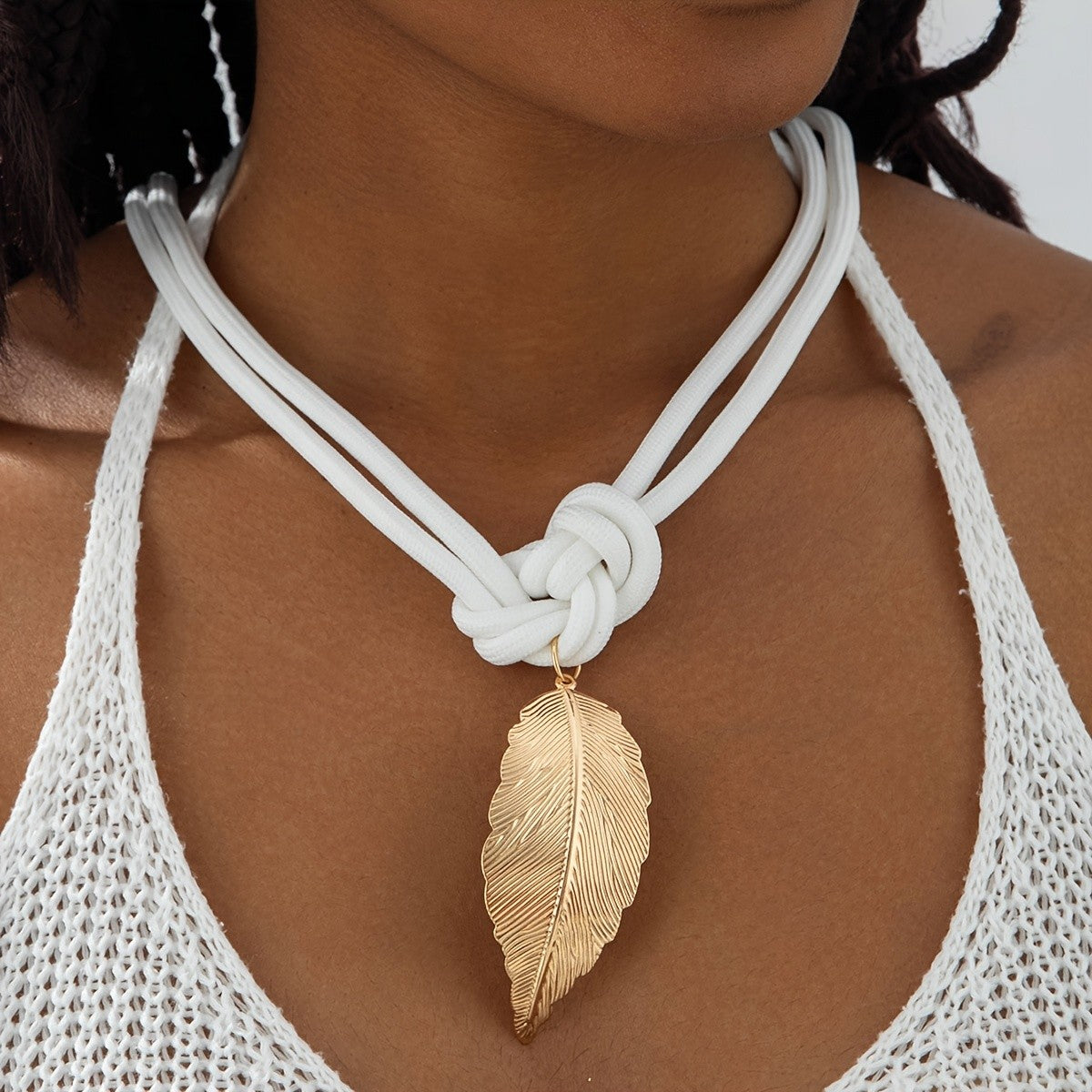 Boho Knotted Cord Leaf Choker Necklace