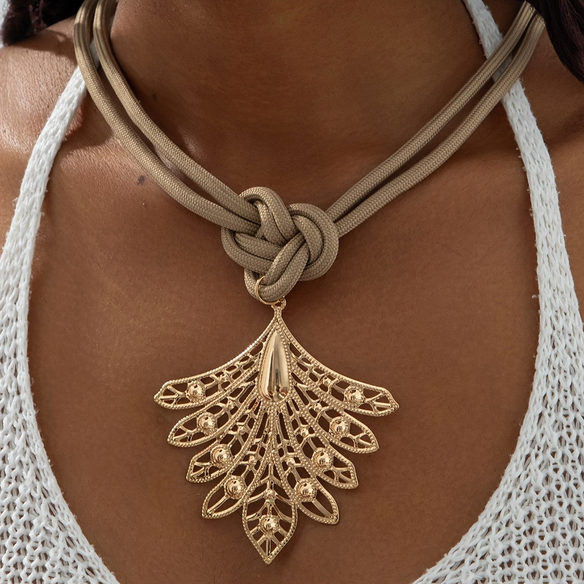 Boho Knotted Cord Leaf Choker Necklace