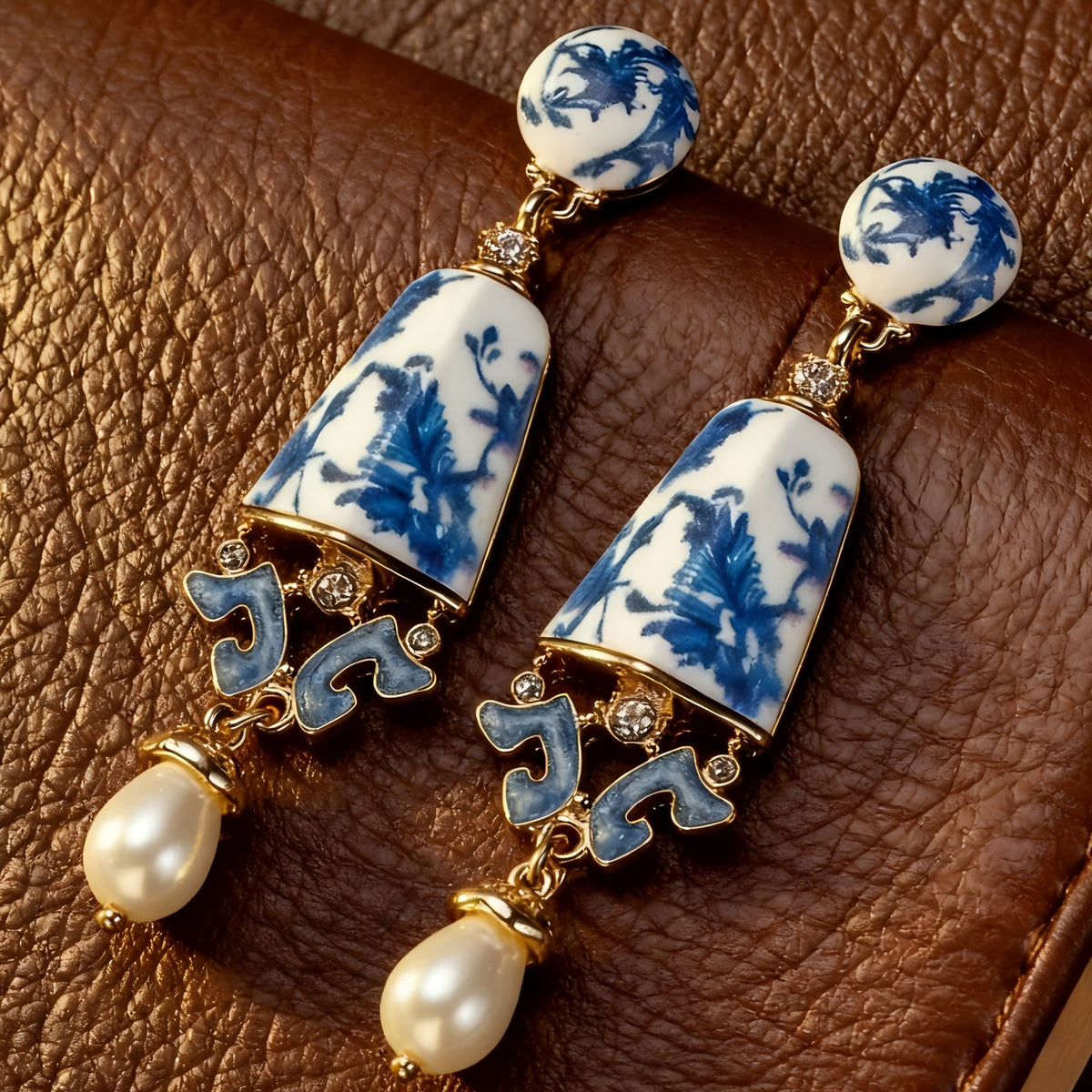 Elegant Blue Porcelain Faux Pearl Drop Earrings