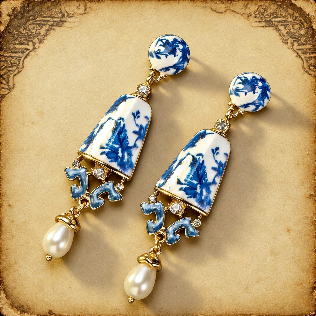 Elegant Blue Porcelain Faux Pearl Drop Earrings