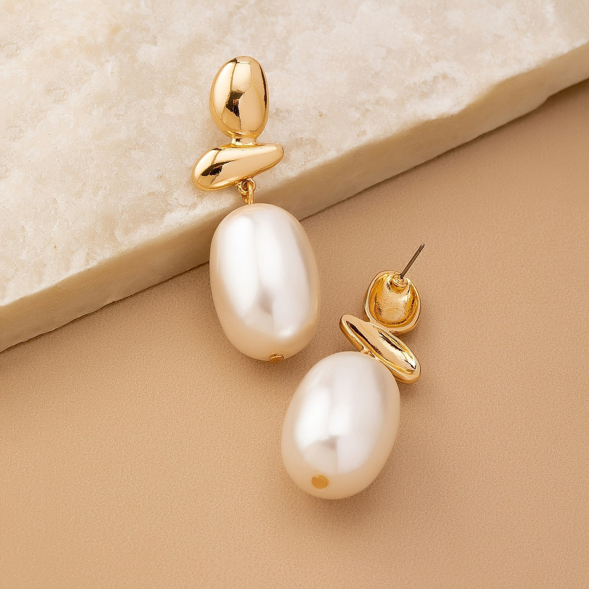 14k Elegant Geometric Faux Pearl Drop Earrings