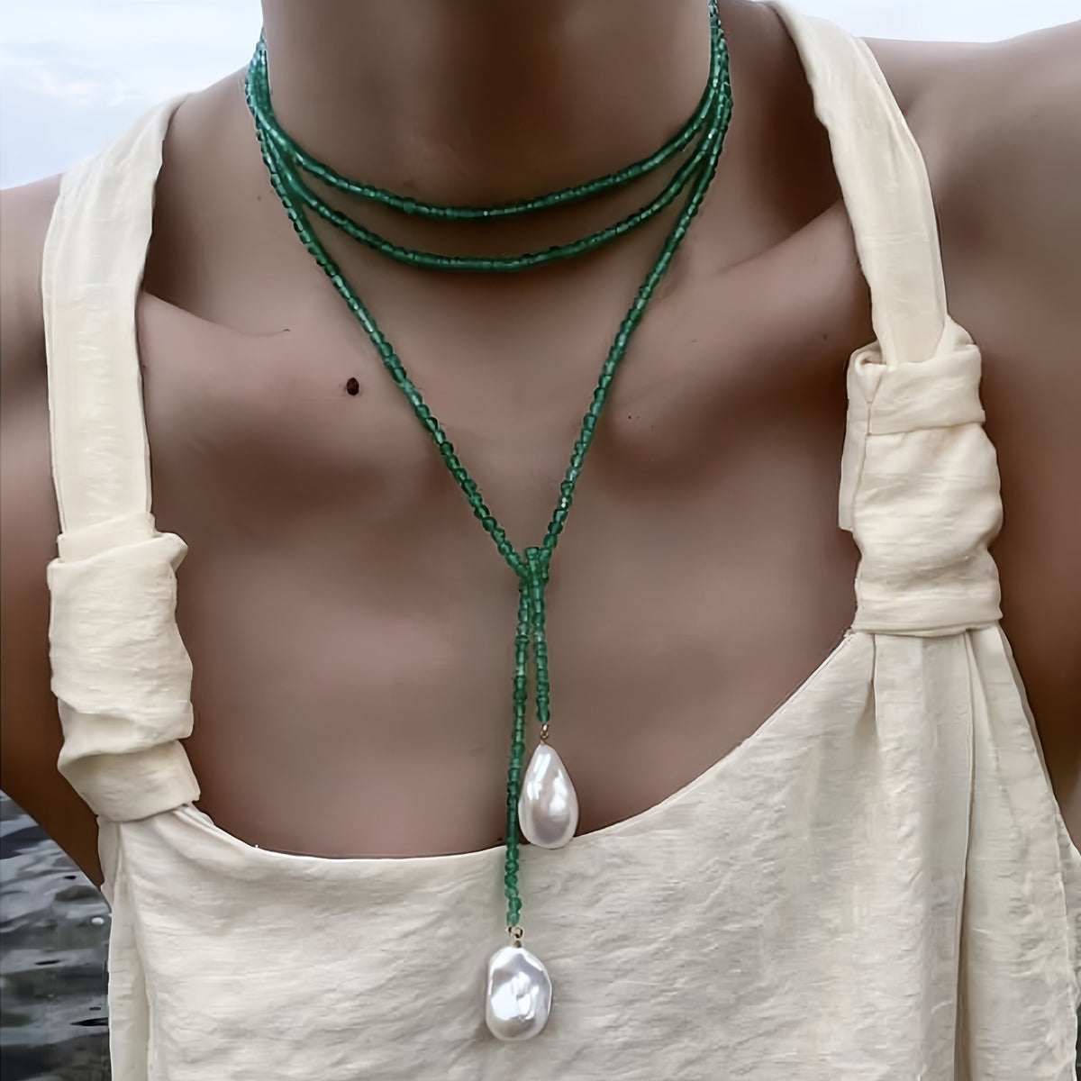 Boho Green Beaded Lariat Necklace
