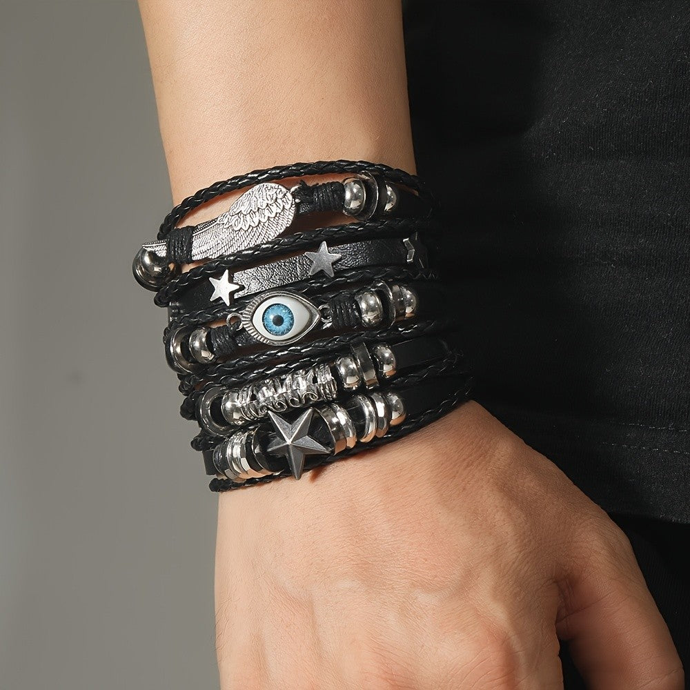 5pc Vintage Boho Wing & Evil Eye Bracelet Set