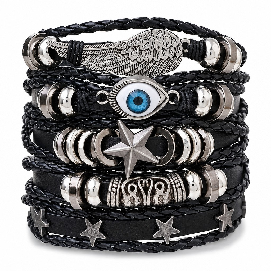 5pc Vintage Boho Wing & Evil Eye Bracelet Set