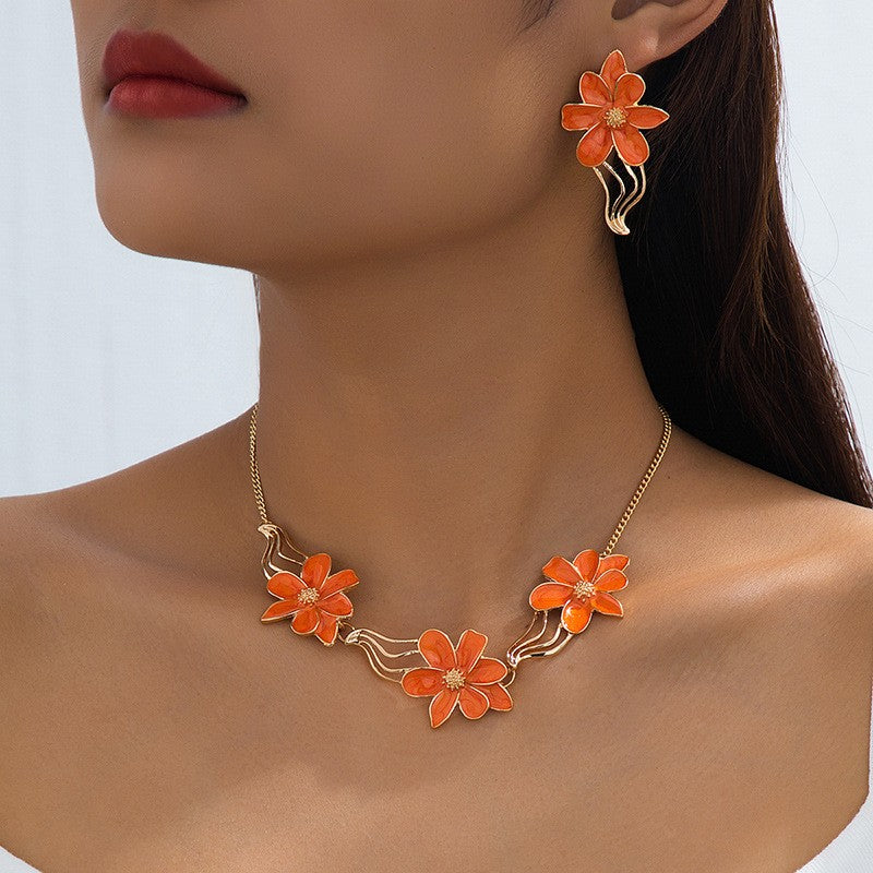 Elegant Orange Floral Necklace & Earring Set