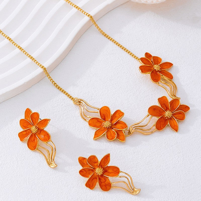 Elegant Orange Floral Necklace & Earring Set