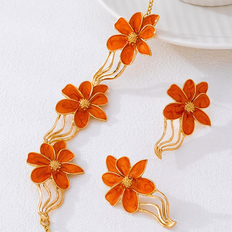Elegant Orange Floral Necklace & Earring Set
