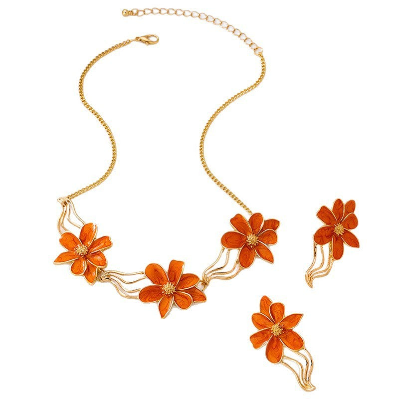 Elegant Orange Floral Necklace & Earring Set