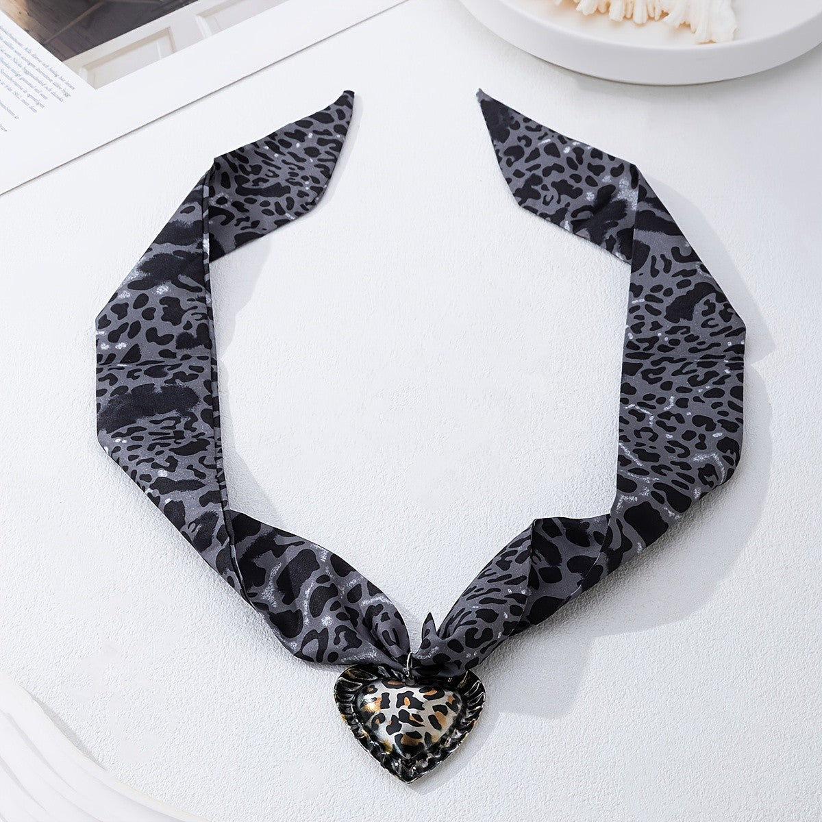 Boho Leopard Print Ribbon Heart Necklace
