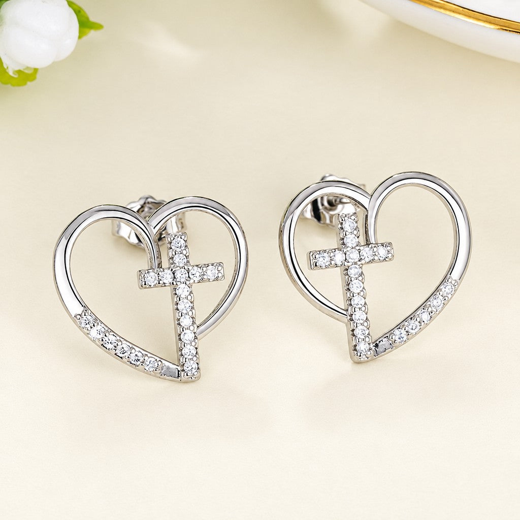 14k Elegant Heart Cross Earrings