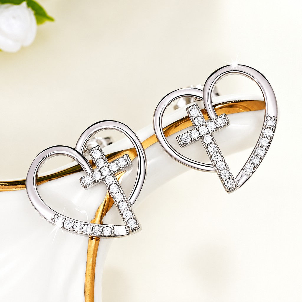 14k Elegant Heart Cross Earrings