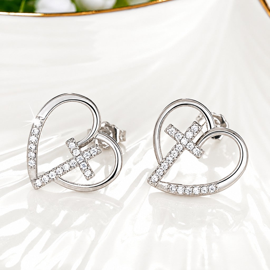 14k Elegant Heart Cross Earrings