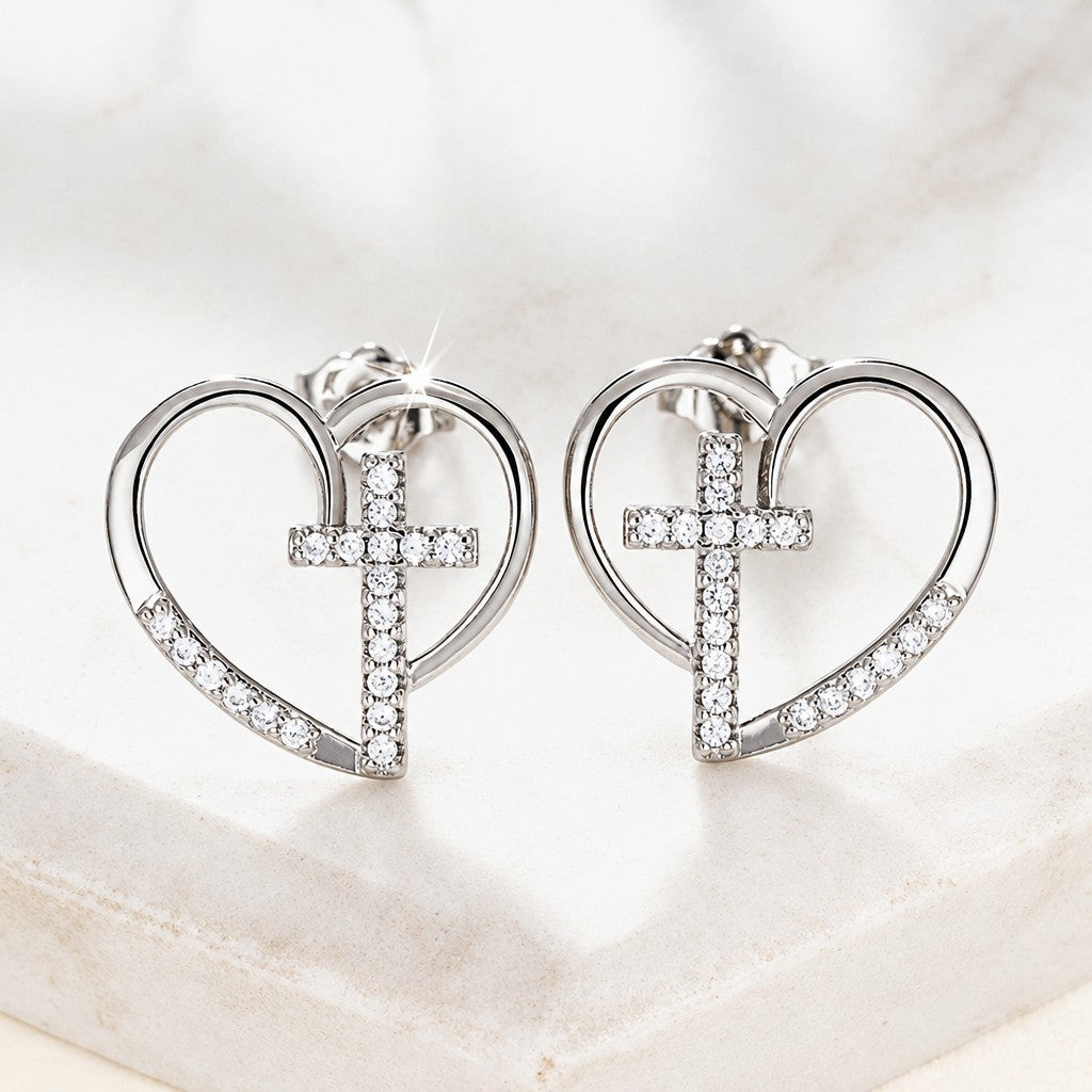 14k Elegant Heart Cross Earrings