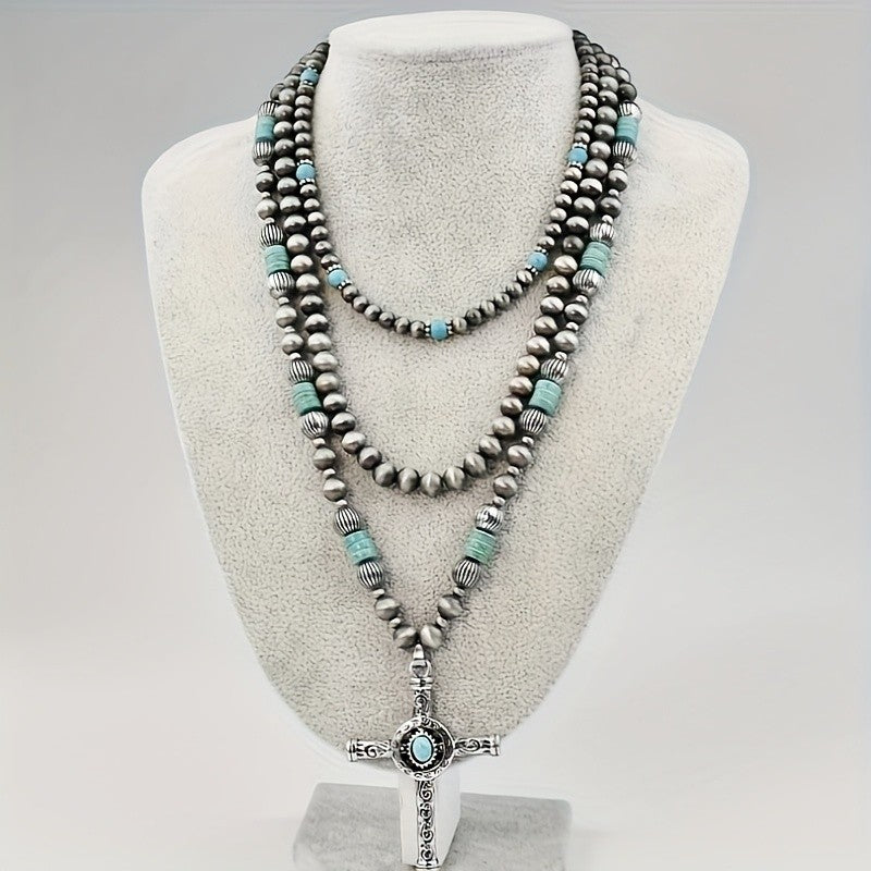 Boho Layered Turquoise Bead Cross Necklace