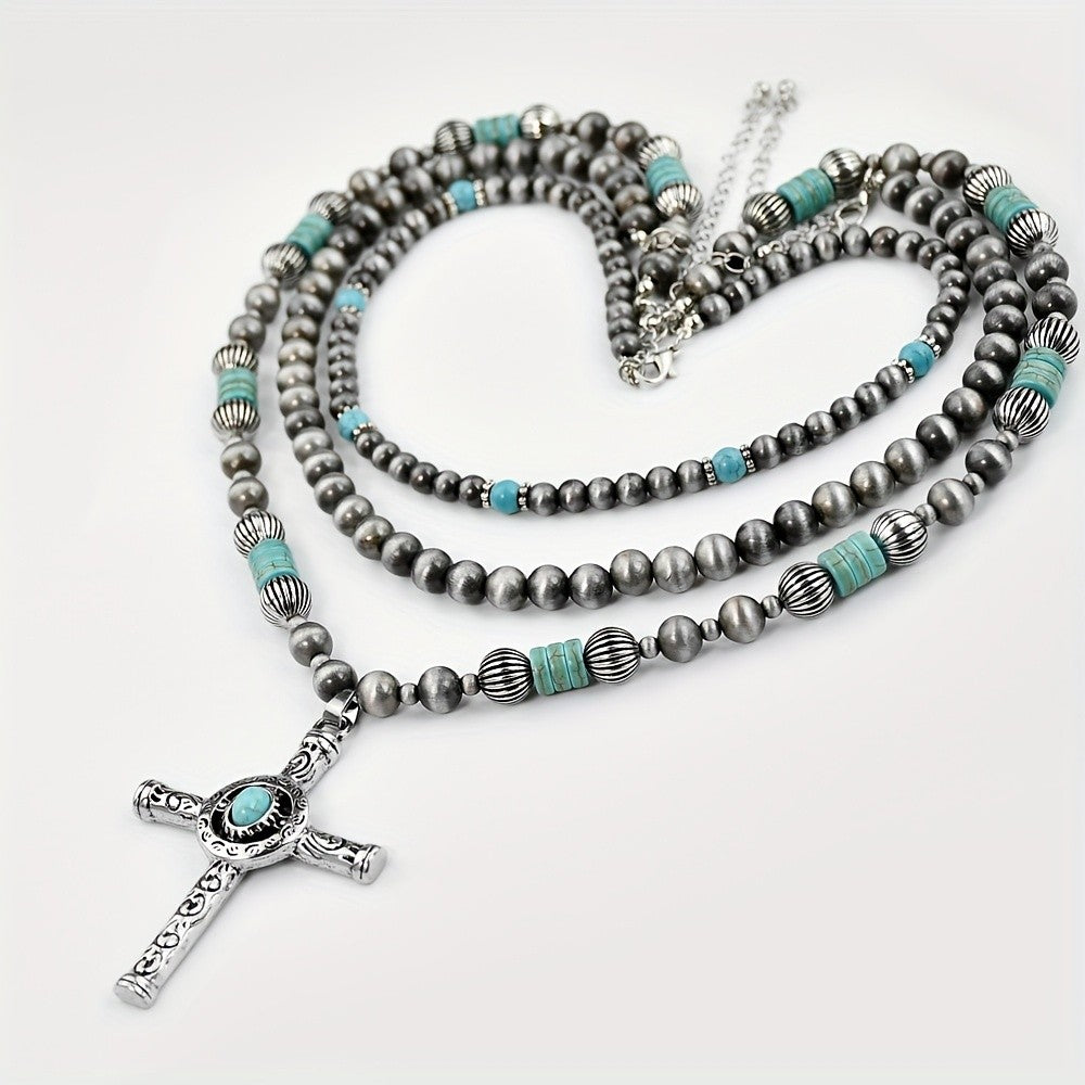Boho Layered Turquoise Bead Cross Necklace