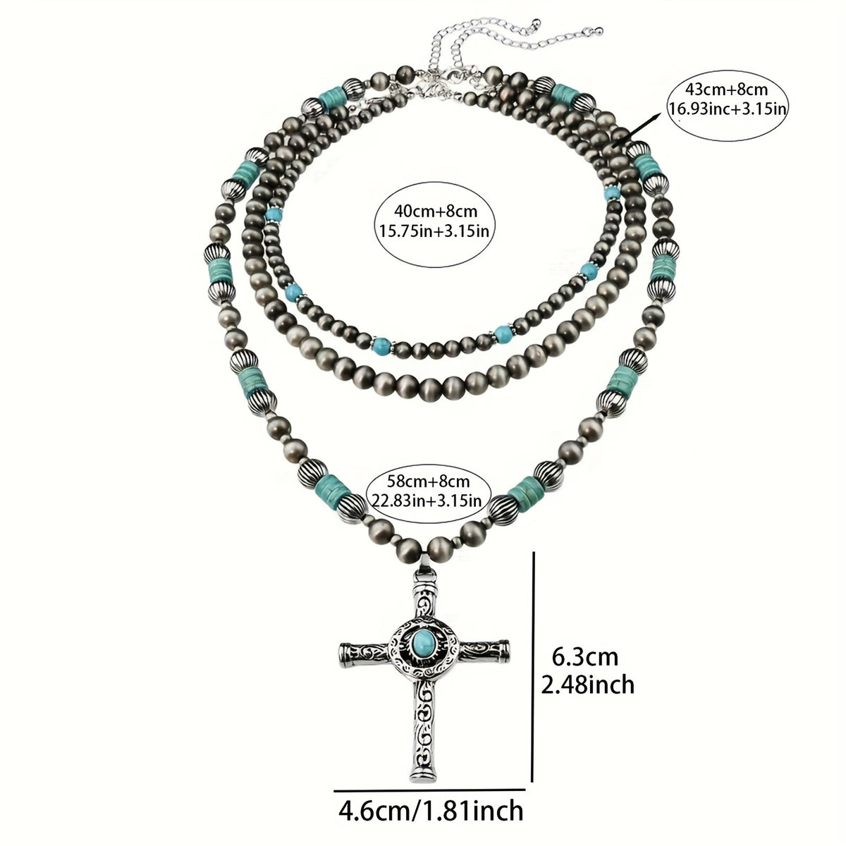 Boho Layered Turquoise Bead Cross Necklace