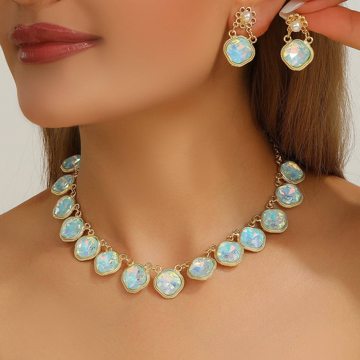 Classy Iridescent Opal Necklace & Earring Set